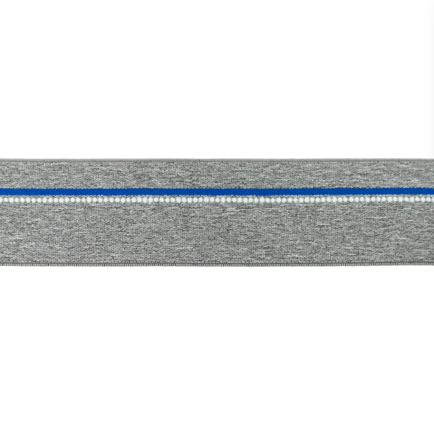 ELASTIQUE CALEÇON GRIS FONCÉ CHINÉ LISERÉ BLANC ET BLEU 4 CM