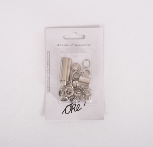 ŒILLETS METAL 8 MM. 15 PCS. + OUTIL