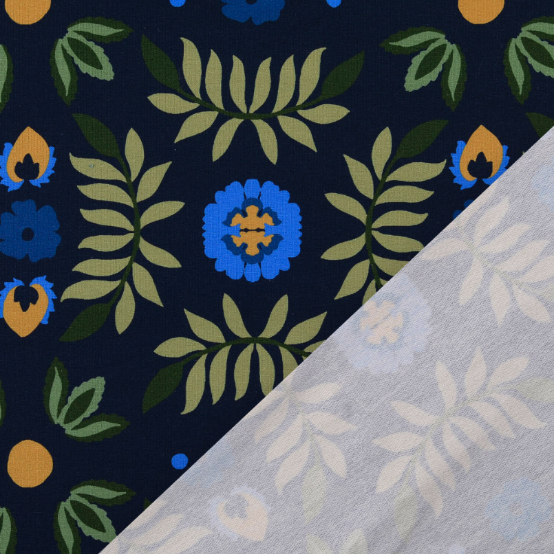 French Terry tissu imprimé numérique fleurs Bleu