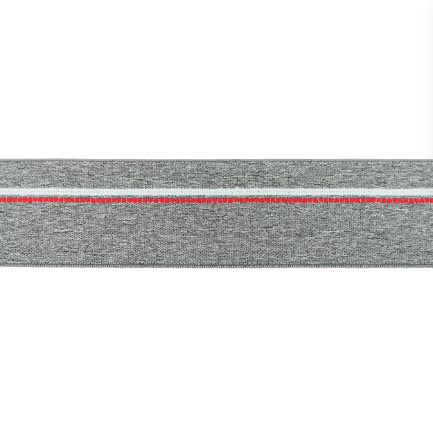 ELASTIQUE CALEÇON GRIS FONCÉ CHINÉ LISERÉ BLANC ET ROUGE 4 CM