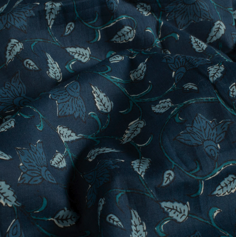 VOILE DE COTON Feuilles Indigo