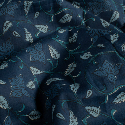 VOILE DE COTON Feuilles Indigo