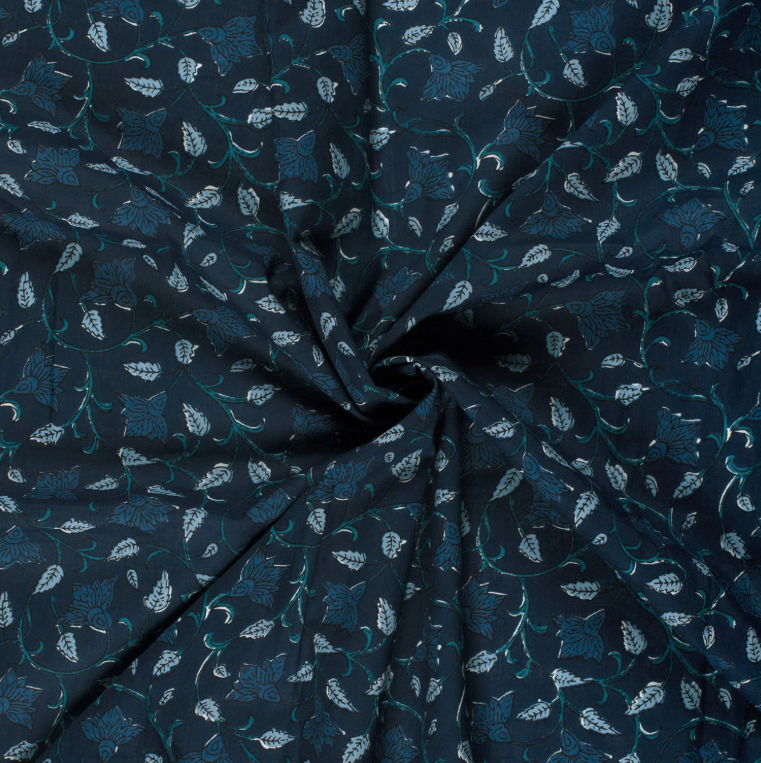 VOILE DE COTON Feuilles Indigo