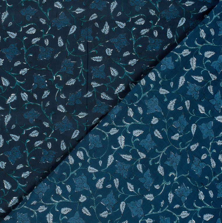 VOILE DE COTON Feuilles Indigo