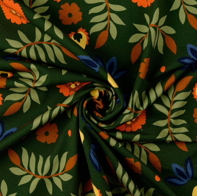 French Terry tissu imprimé numérique fleurs Vert