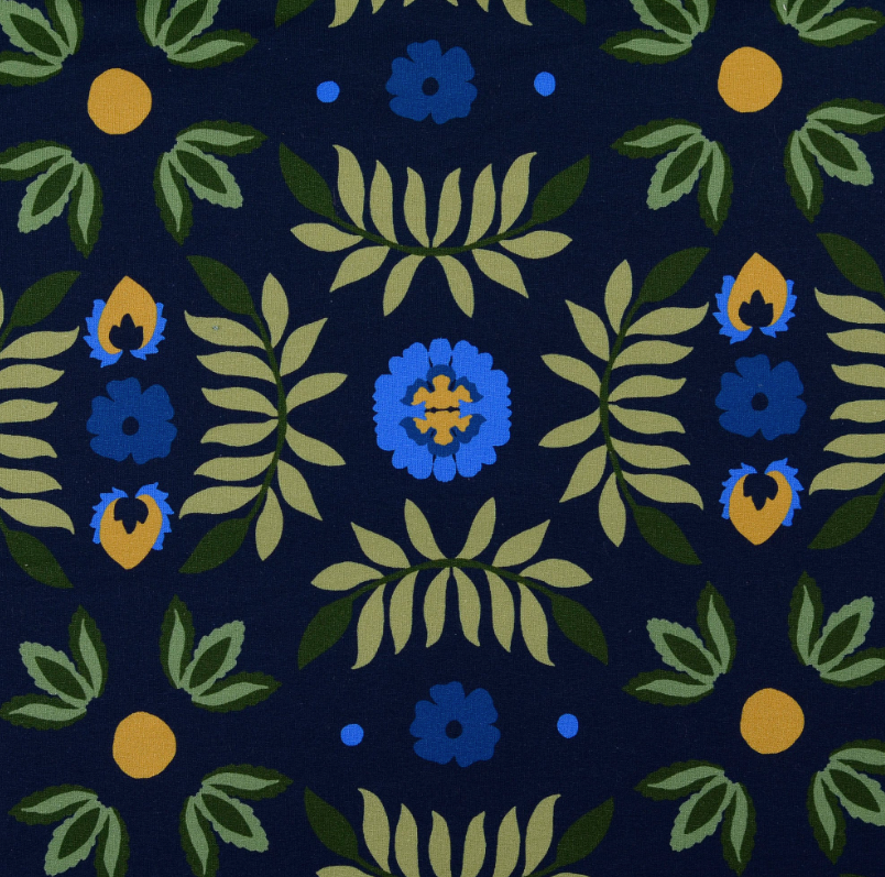 French Terry tissu imprimé numérique fleurs Bleu