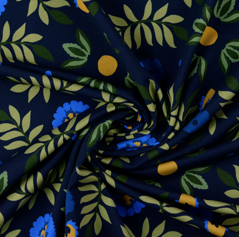 French Terry tissu imprimé numérique fleurs Bleu