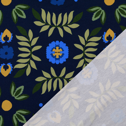 French Terry tissu imprimé numérique fleurs Bleu